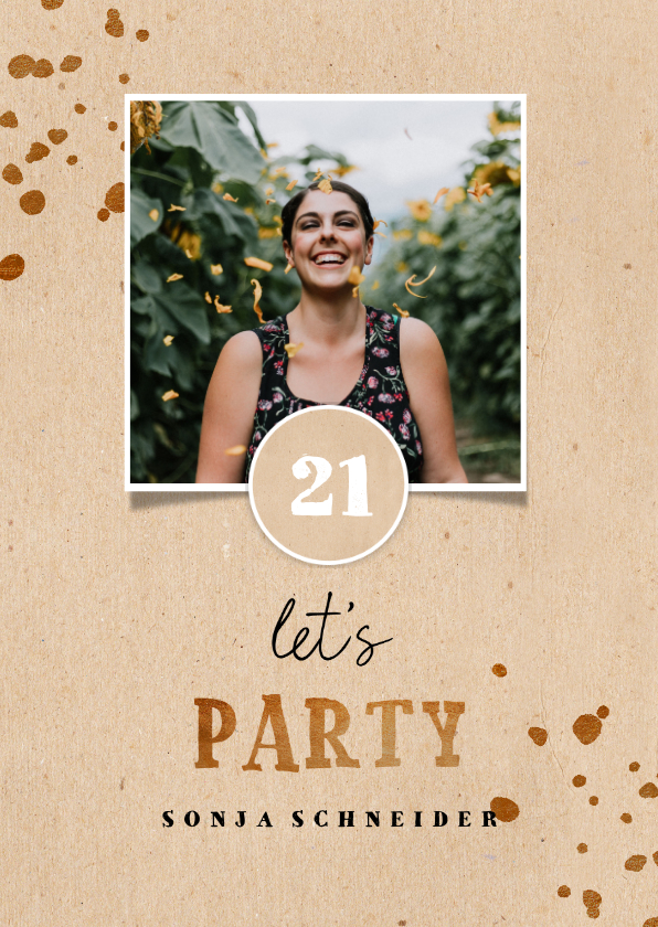 Einladung Geburtstag - Einladung 'let's party' zum 21. Geburtstag in braun mit Foto