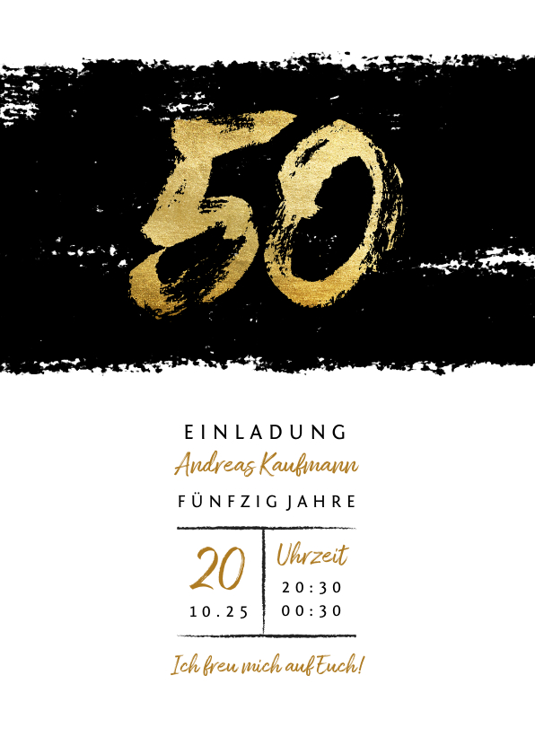 Einladung Geburtstag - Einladung mit goldener 50 auf Schwarz