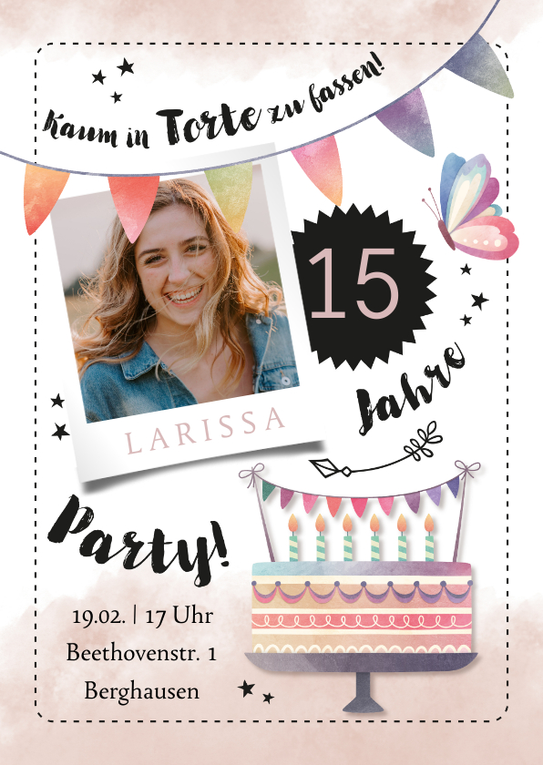 Einladung Geburtstag - Einladung zum 15. Geburtstag Wasserfarbe und Torte mit Foto