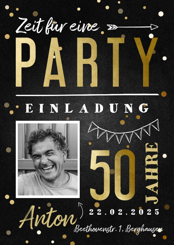 Einladung Geburtstag - Einladungskarte hip 50. Geburtstag mit Foto und Konfetti