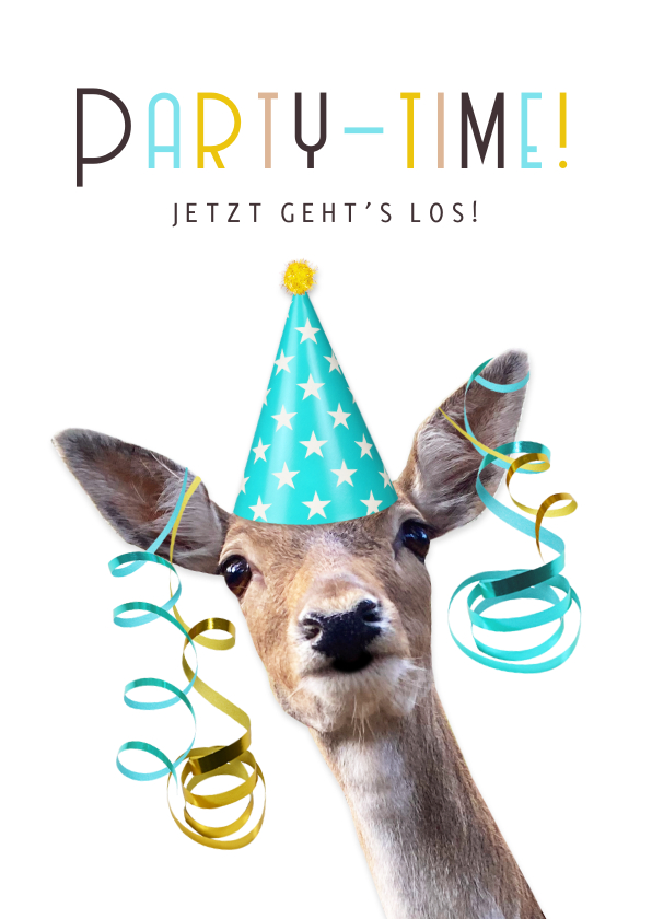 Einladungskarten - Einladung Partytime Reh mit Partyhut & Luftschlangen