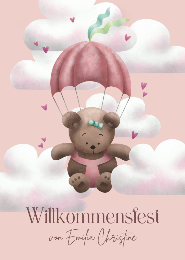 Einladungskarten - Einladung Willkommensfest Bär rosa mit Fallschirm