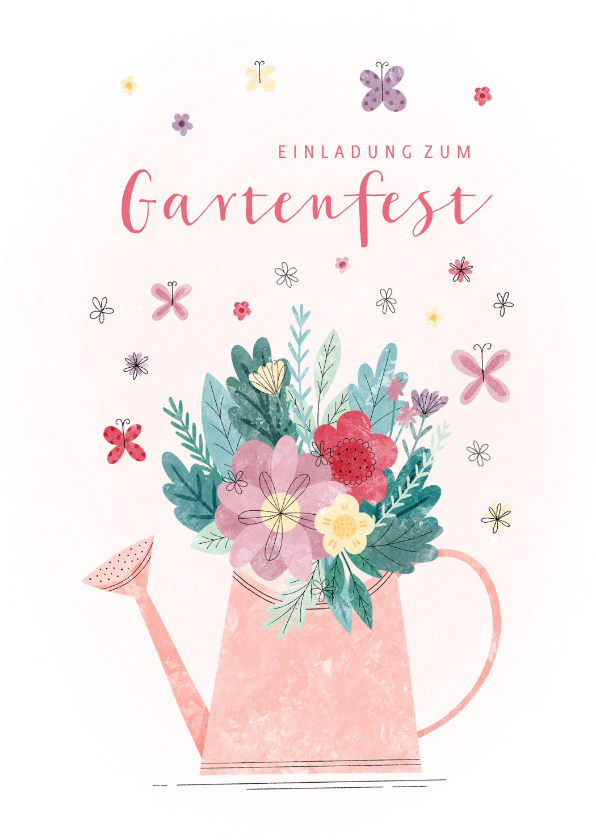 Einladungskarten - Einladung zum Gartenfest Gießkanne mit Blumen