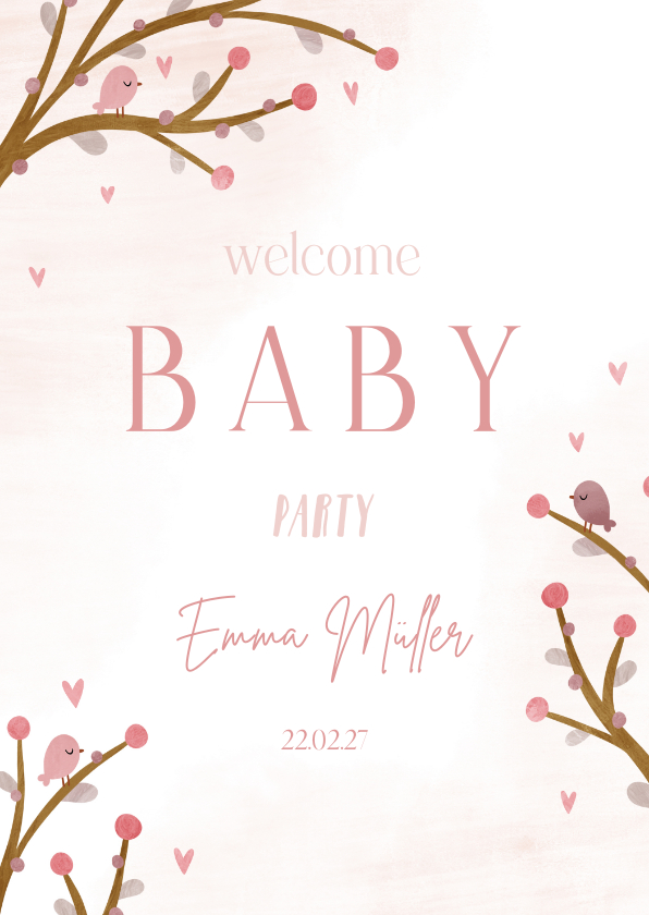 Einladungskarten - Einladung zur Welcome-Baby-Party rosa Zweige und Vögel