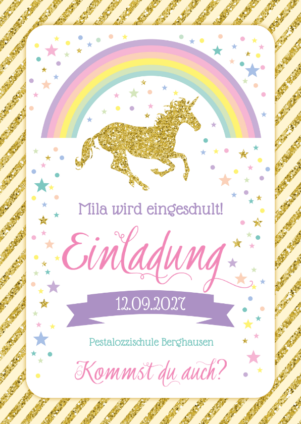 Einschulungskarten - Einladung zur Einschulung Einhorn & Regenbogen
