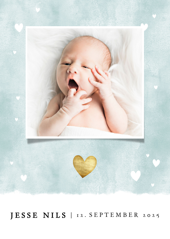 Geburtskarten - Dankeskarte Geburt blau Fotos Aquarell mit Herzchen 