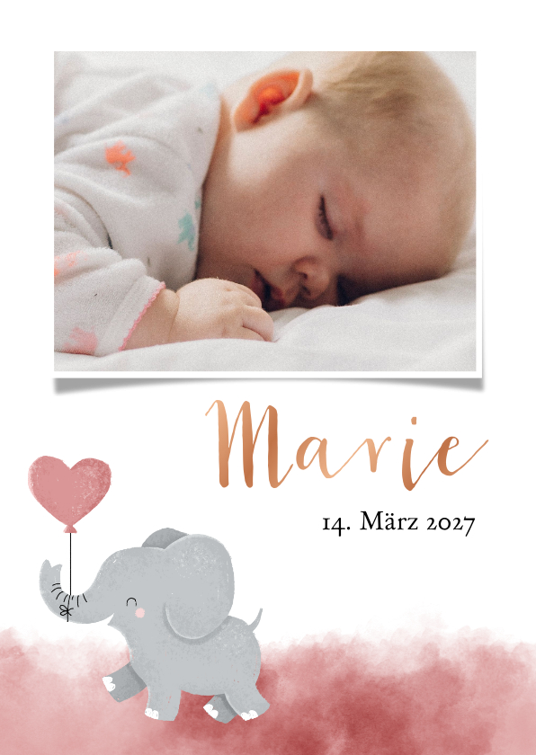 Geburtskarten - Dankeskarte Geburt Foto und Elefant rosa Luftballon