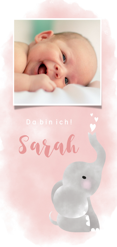 Geburtskarten - Dankeskarte Geburt rosa Foto & Elefant Wasserfarbe