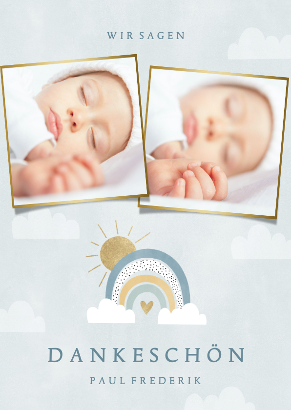 Geburtskarten - Dankeskarte zur Geburt Regenbogen blau und Fotocollage