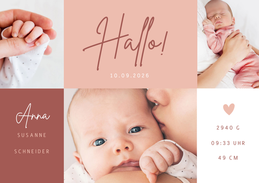 Geburtskarten - Fotocollage Geburtskarte Farbflächen rosa