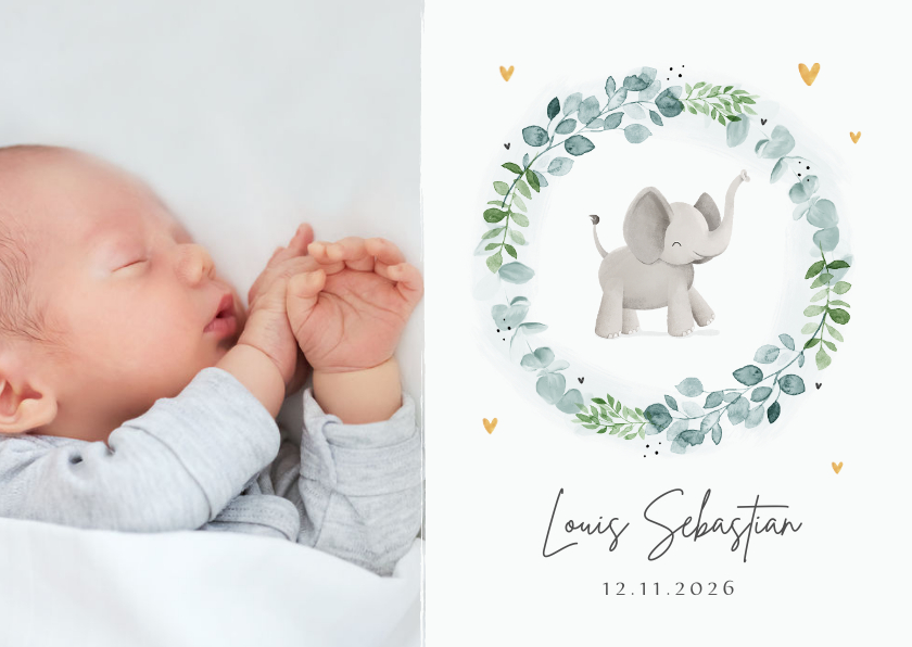 Geburtskarten - Fotokarte zur Geburt Kranz mit Elefant