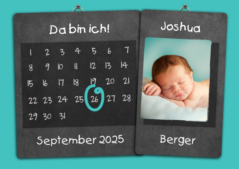 Geburtskarten - Geburtskarte Kalender blau auf Kreidetafel mit Foto