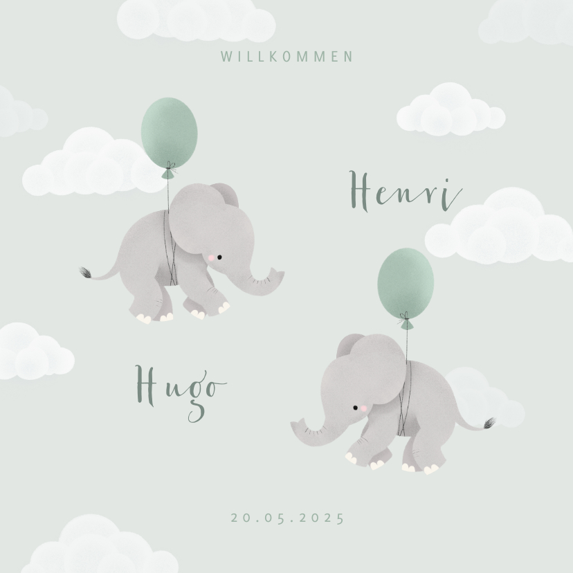 Geburtskarten - Geburtskarte Zwilling Elefanten, Luftballons & Wolken