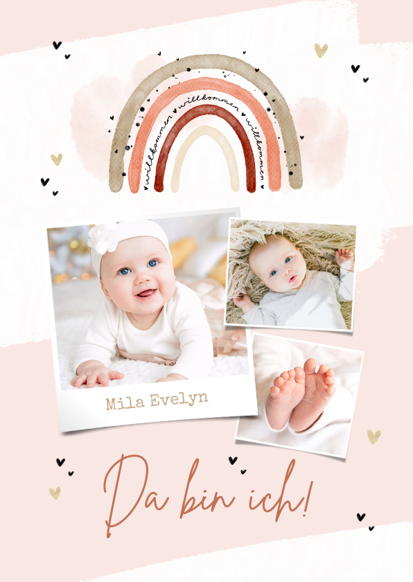 Geburtskarten - Geburtstkarte rosa Regenbogen mit Fotos
