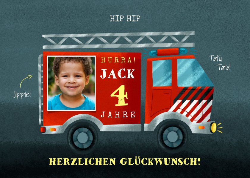 Geburtstagskarten - Geburtstags-Glückwunschkarte Feuerwehrauto & Foto