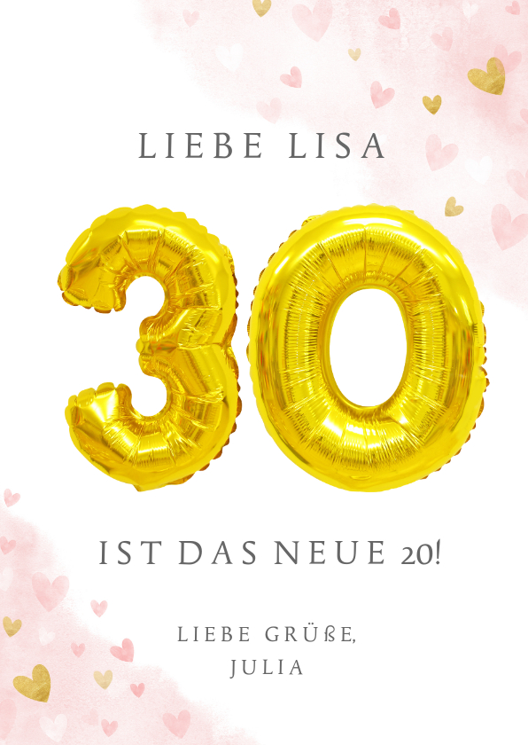 Geburtstagskarten -  Glückwunschkarte zum 30. Geburtstag rosa mit Zahlenballon