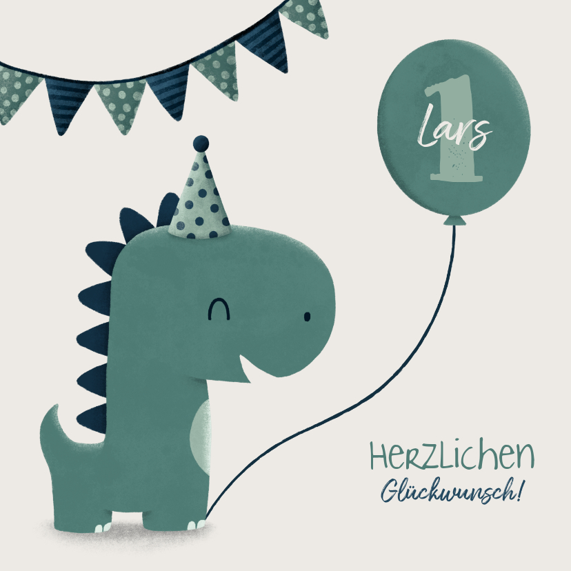 Geburtstagskarten - Süße Glückwunschkarte mit Dinosaurier und Luftballon