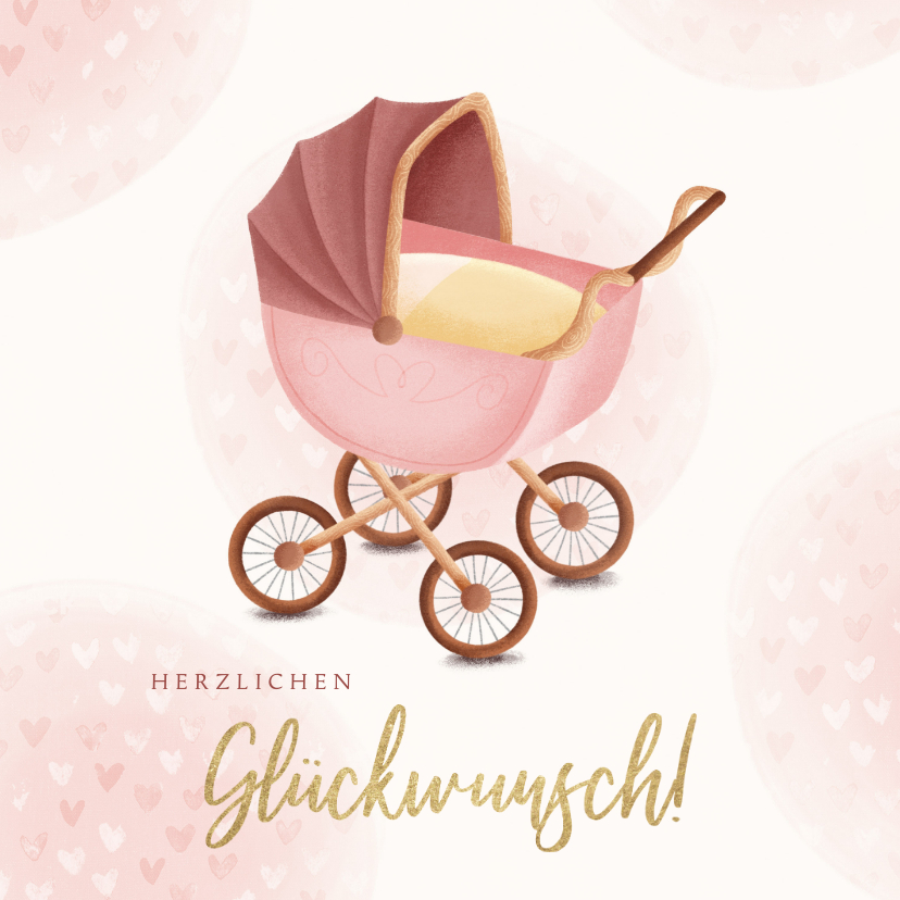 Glückwunschkarten - Geburt Glückwunschkarte Kinderwagen rosa