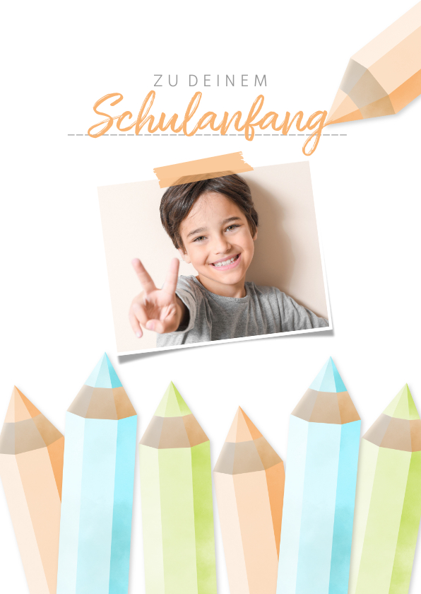 Glückwunschkarten - Glückwunschkarte orange Schulanfang Foto & Buntstifte