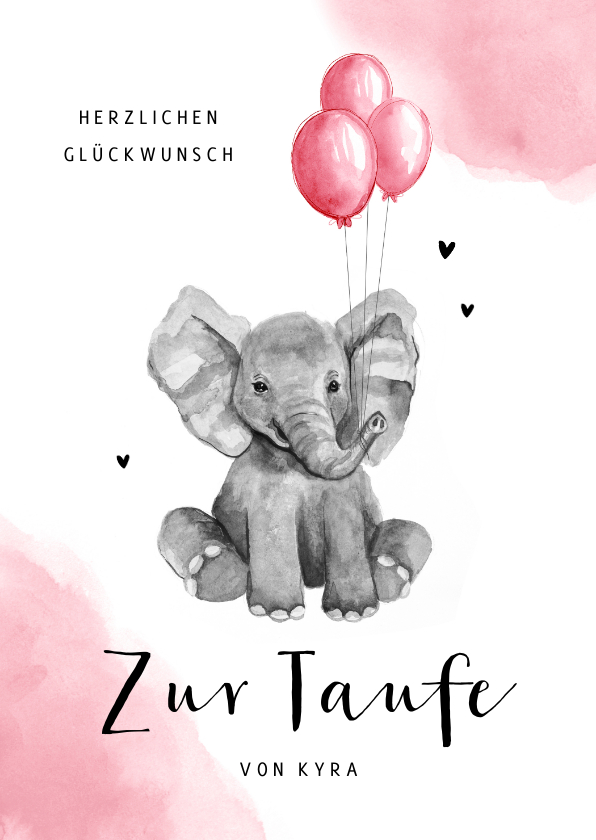 Glückwunschkarten - Glückwunschkarte Taufe Elefant rosa Ballon