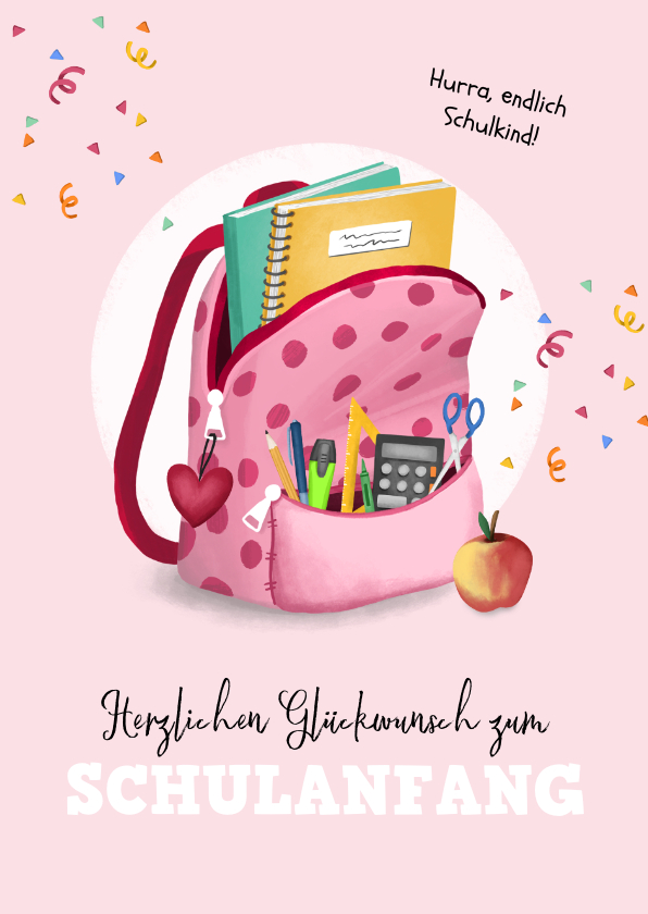 Glückwunschkarten - Karte Glückwunsch zur Einschulung rosa Rucksack