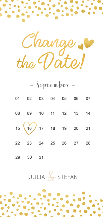 Hochzeitskarten - Change-the-Date-Karte mit Kalender und goldenen Herzen