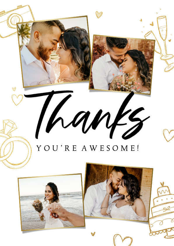 Hochzeitskarten - Dankeskarte Hochzeit Doodles & Fotocollage 'Thanks'