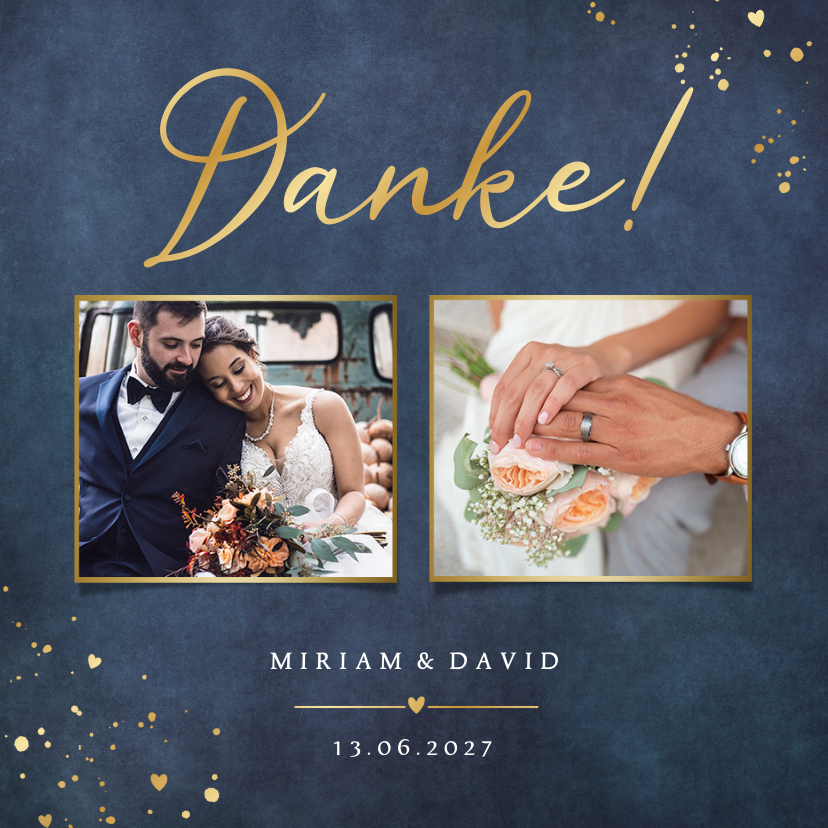 Hochzeitskarten - Dankeskarte Hochzeit Fotos Blau mit Gold