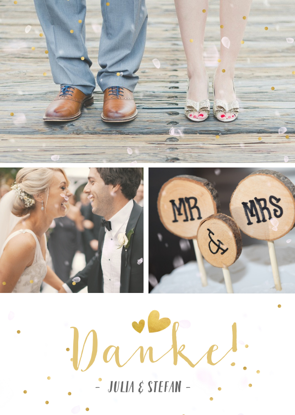 Hochzeitskarten - Dankeskarte Hochzeit mit 3 Fotos und goldener Schrift