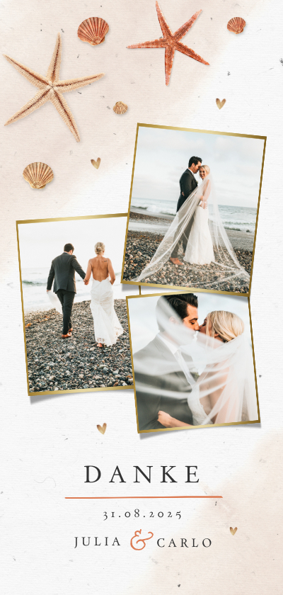 Hochzeitskarten - Dankeskarte Hochzeit mit eigenen Fotos, Seestern & Muscheln