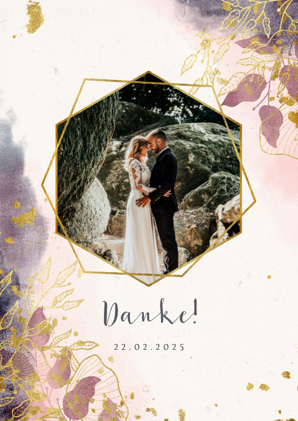 Hochzeitskarten - Dankeskarte Hochzeit stilvolle Blumen und Foto