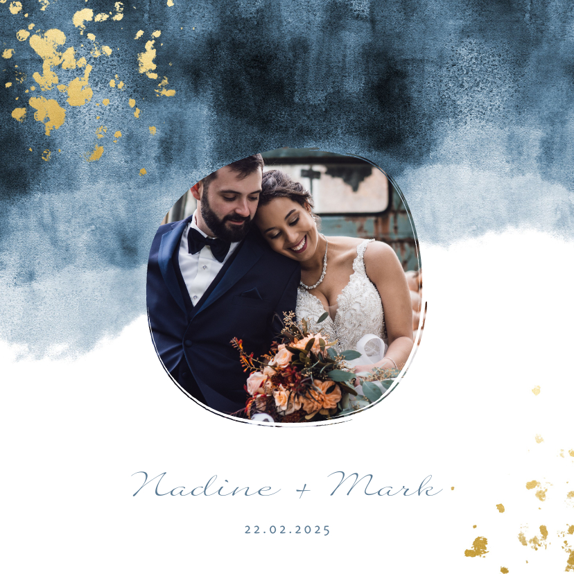Hochzeitskarten - Dankeskarte zur Hochzeit mit Foto im blauen Aquarelldesign