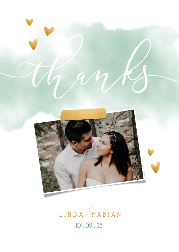 Hochzeitskarten - Dankeskarte zur Hochzeit mit Foto und goldenen Herzen