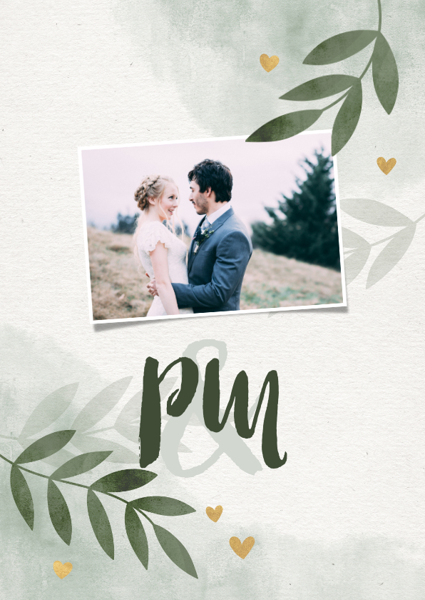 Hochzeitskarten - Dankeskarte zur Hochzeit mit Foto, Zweigen und Herzen