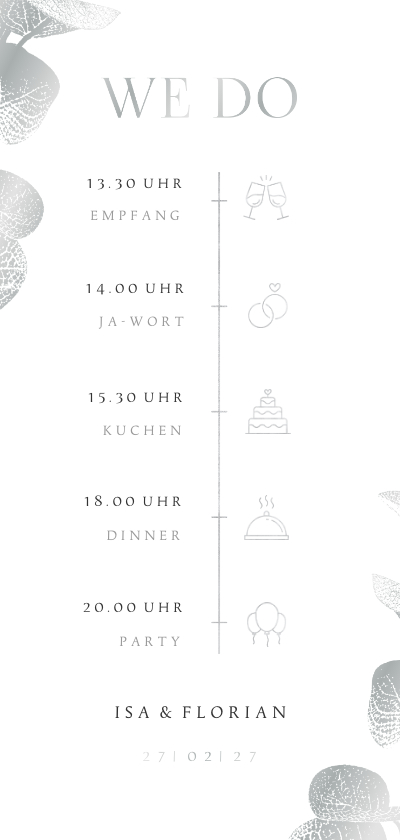 Hochzeitskarten - Einladungskarte Timeline Hochzeit Eukalyptus Silberlook
