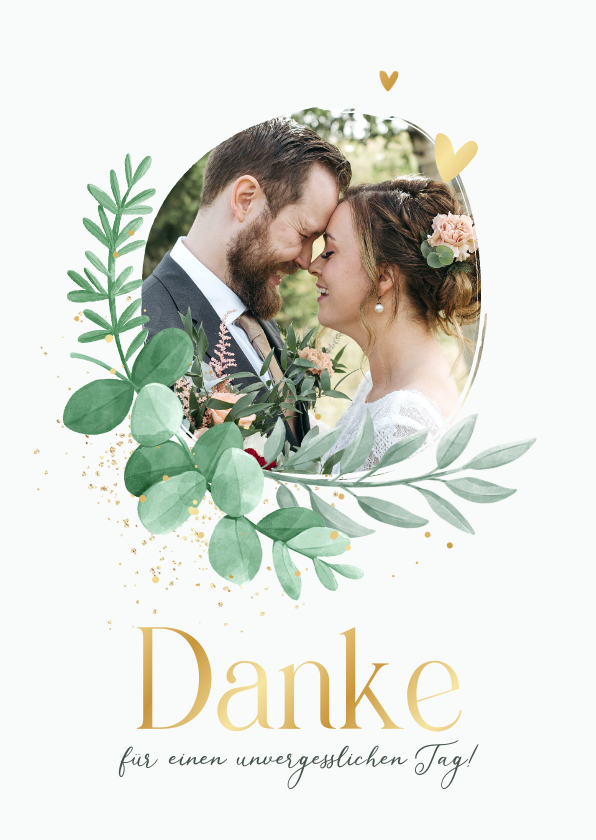 Hochzeitskarten - Foto-Dankeskarte zur Hochzeit Blattgrün & Text in Gold