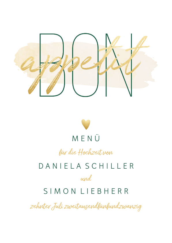 Hochzeitskarten - Menükarte zur Hochzeit 'Bon appetit' im Goldlook mit Herzen