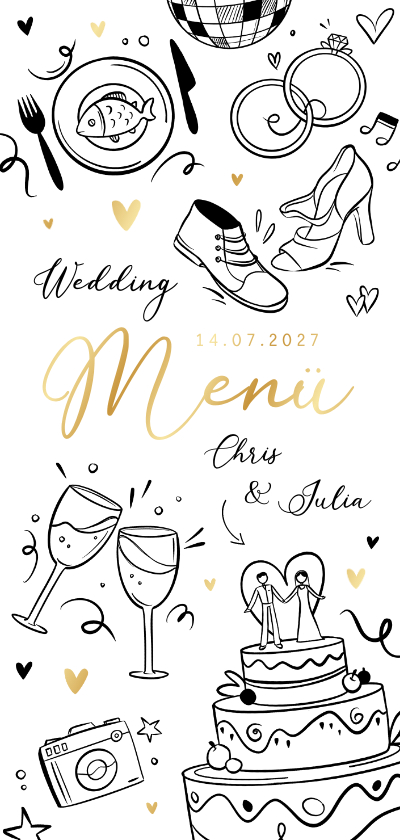 Hochzeitskarten - Menükarte zur Hochzeit Doodles Goldelemente