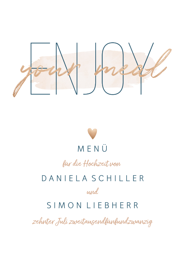 Hochzeitskarten - Menükarte zur Hochzeit 'Enjoy your meal' im Goldlook