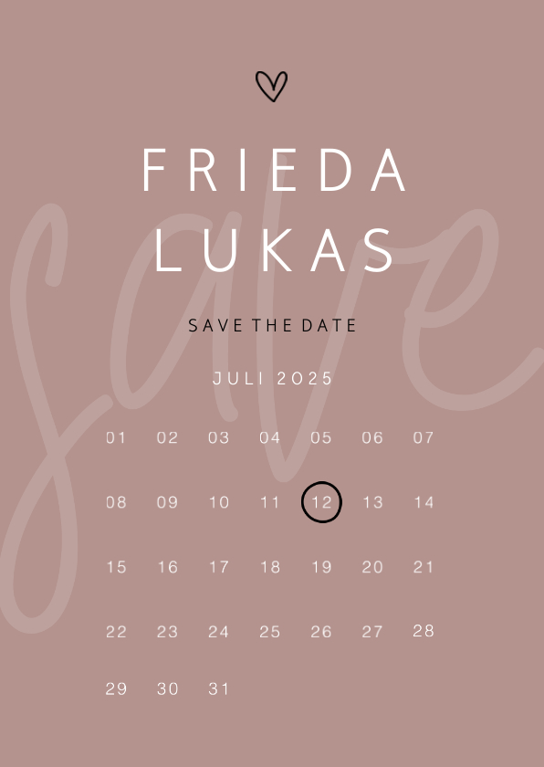 Hochzeitskarten - Minimalistische Save-the-Date-Karte mit Kalender und Herz