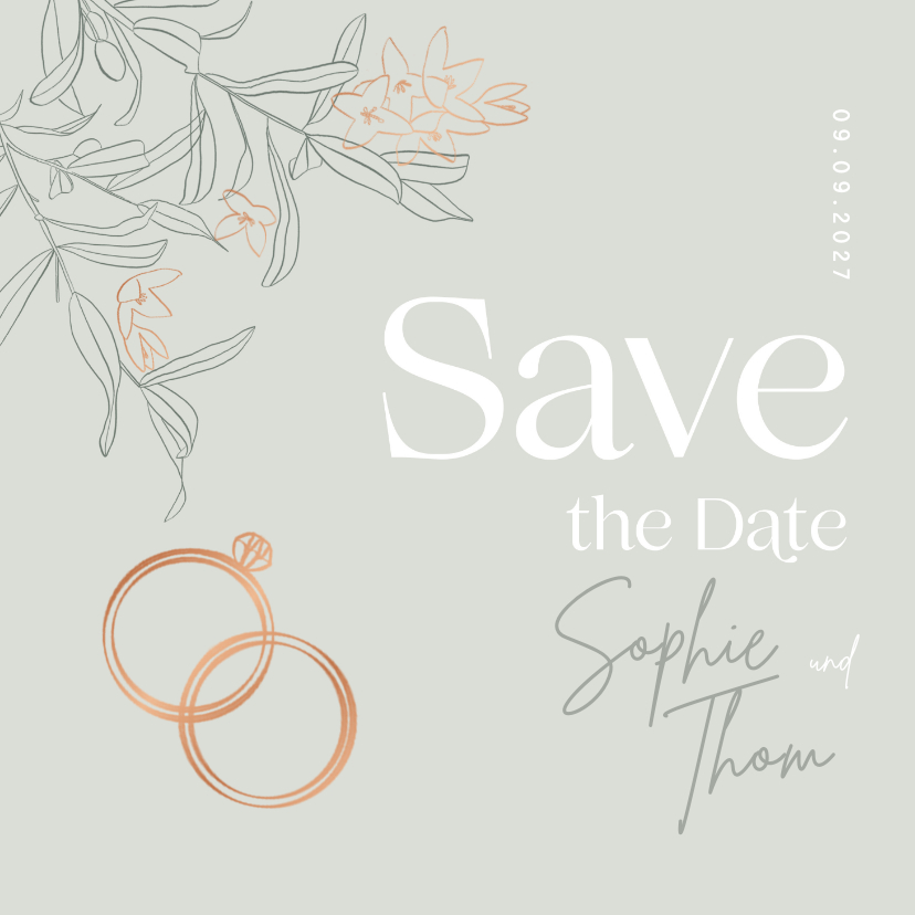 Hochzeitskarten - Save-the-Date-Karte Blüten & Ringe kupfer
