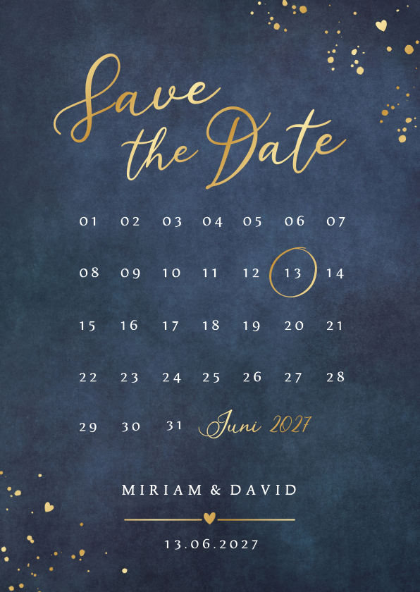 Hochzeitskarten - Save-the-Date-Karte Kalender Blau mit Gold
