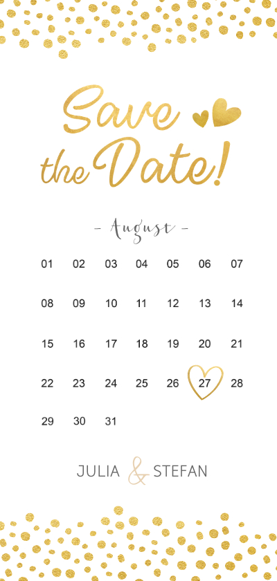 Hochzeitskarten - Save-the-Date-Karte mit Kalender und goldenen Herzen