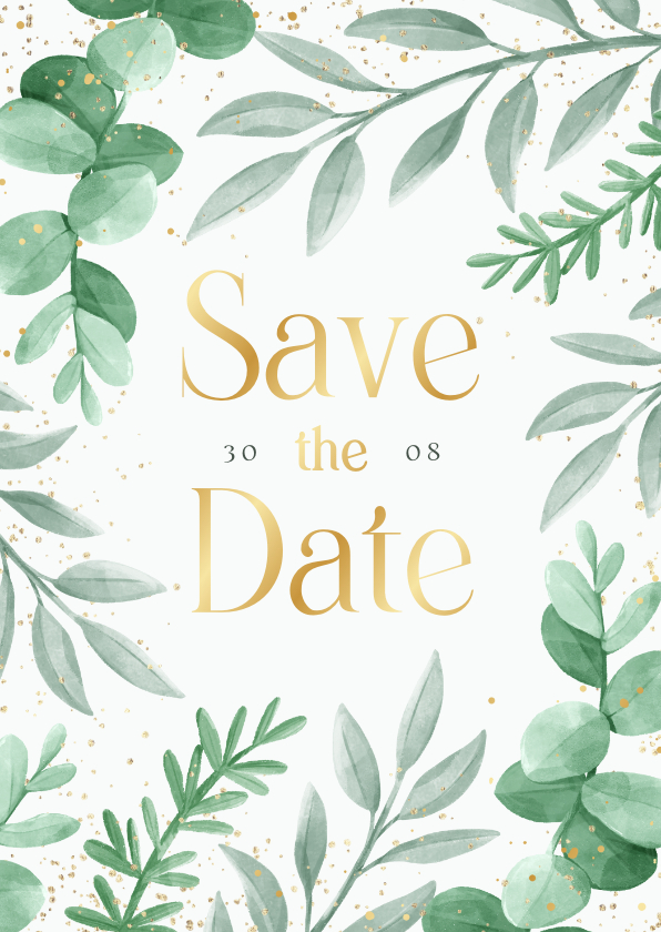 Hochzeitskarten - Save-the-Date-Karte zur Hochzeit Blattgrün & Text in Gold