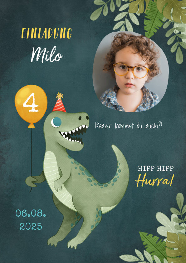Kindergeburtstag - Dinosaurier Einladungskarte mit eigenem Foto