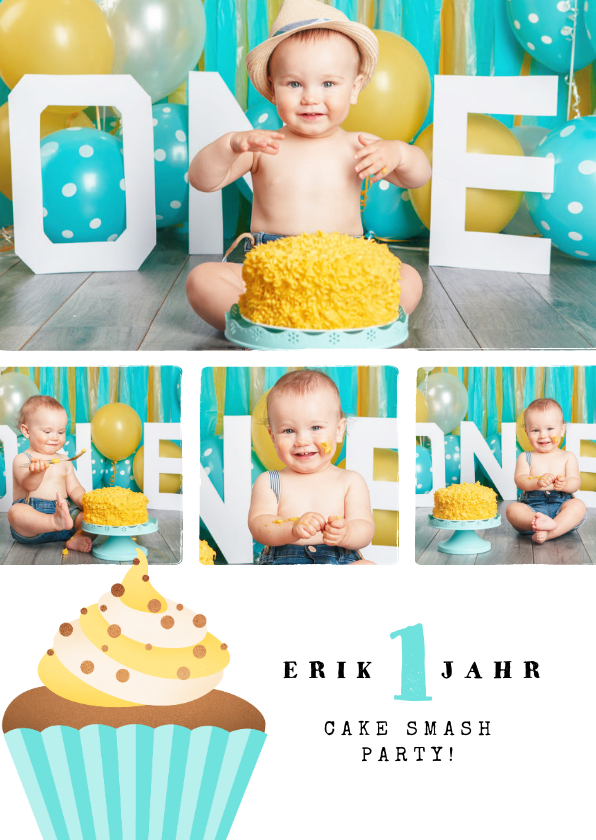 Kindergeburtstag - Einladung 1. Geburtstag Fotos & Cupcake blau