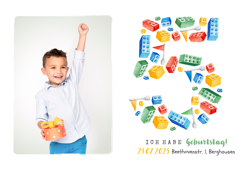 Kindergeburtstag - Einladung 5. Geburtstag eigenes Foto und Bausteine