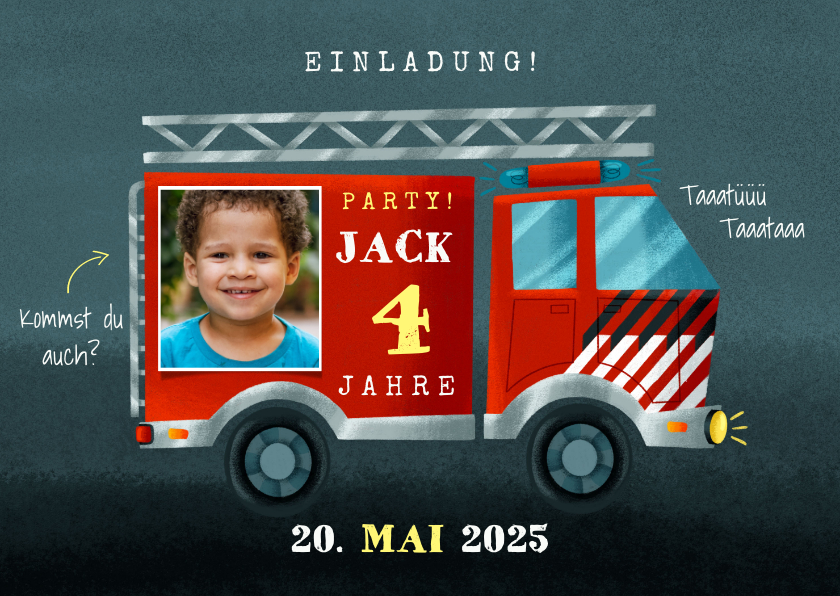 Kindergeburtstag - Einladung Kindergeburtstag Feuerwehrauto mit Foto