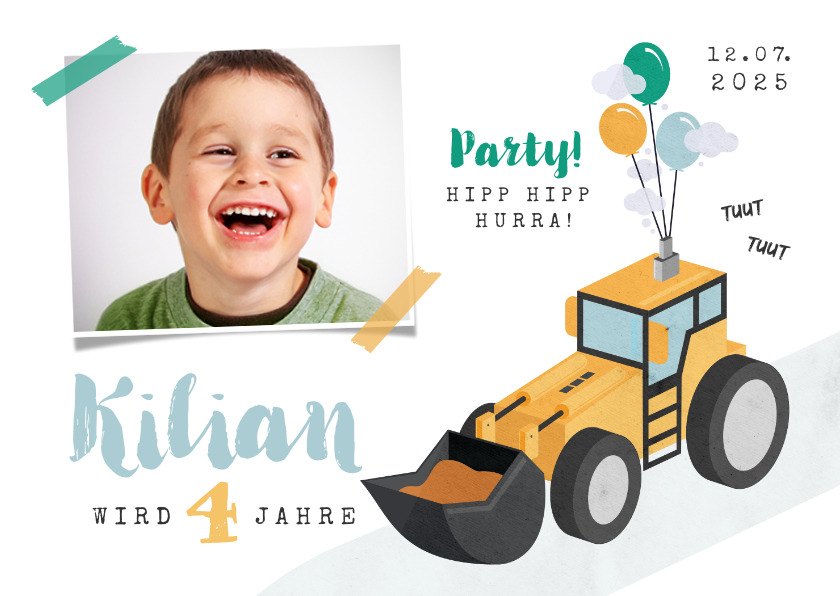 Kindergeburtstag - Einladung Kindergeburtstag mit Bagger, Foto und Luftballons