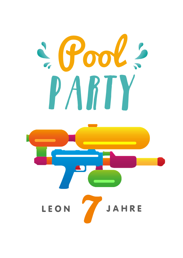 Kindergeburtstag - Einladung zur Poolparty mit Wasserpistole & Foto innen